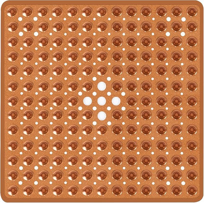 Square Shower Bathtub Mat Non Slip for Inside Shower Clear Brown 21x21 Inch, Shower Stall Mats for Bathroom Floor, Soft Bath Mat for Tub with Big Suction Cups Drain Holes, Easy Washable Dry