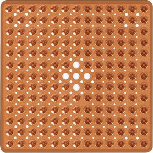 Square Shower Bathtub Mat Non Slip for Inside Shower Clear Brown 21x21 Inch, Shower Stall Mats for Bathroom Floor, Soft Bath Mat for Tub with Big Suction Cups Drain Holes, Easy Washable Dry