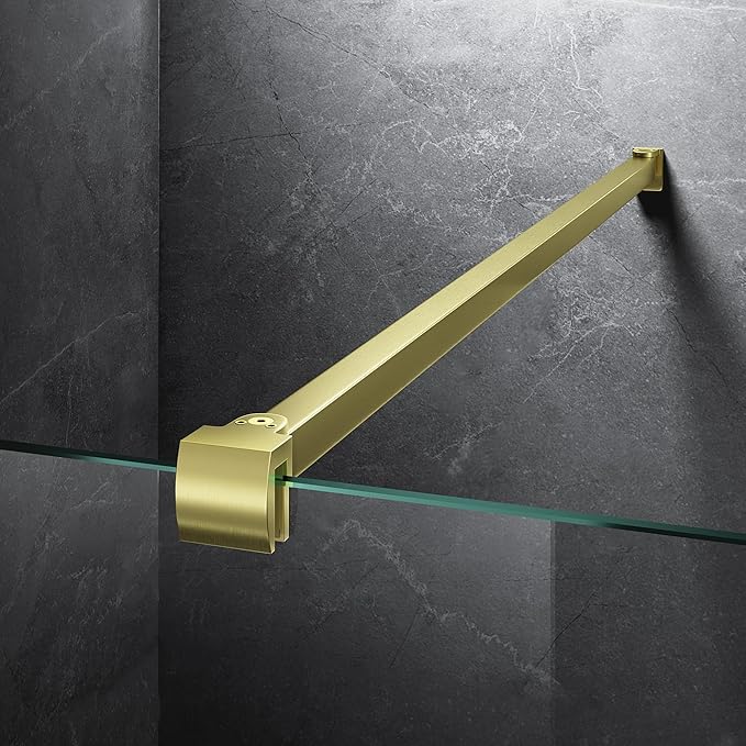 Frameless Shower Door Support Bar, Stainless Steel Wall-to-Glass Support Arm to Fixed Shower Glass Panel, for 1/4"-3/8" (6-10 mm) Door, 180° Pivot & Stow-Flat Mode (Brushed Gold, 31.5-inch(800mm))