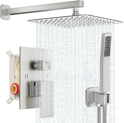 Shower Faucet Set Bathroom Square Rain Shower Head and Handle Set, Wall Mounted Shower Fixtures With Shower Valve and Trim Kit 12 inch Brushed Nickel