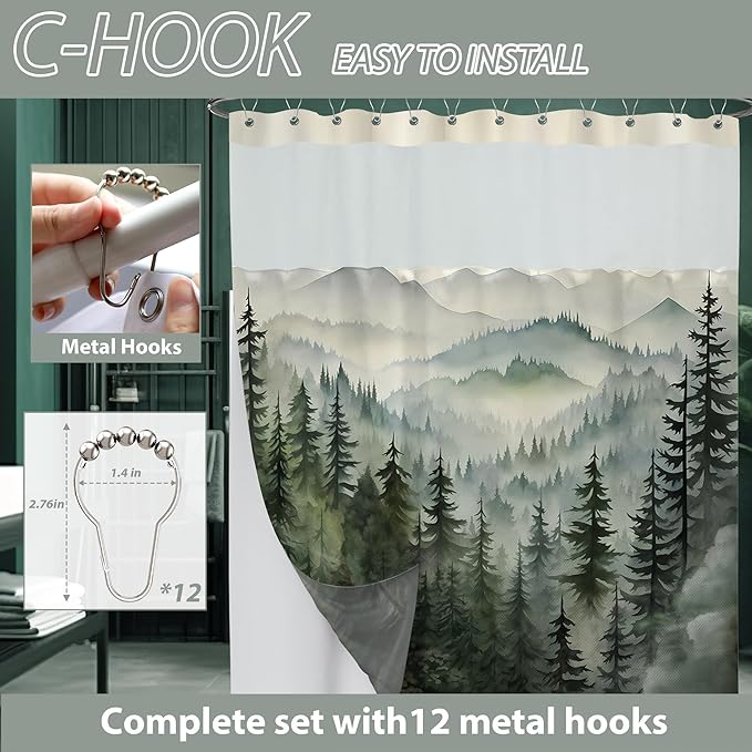 Forest See Through Mesh Top Shower Curtain with Window, Nature Mountain Double Layer Shower Curtains with Snap in Liner with Magnets, Waterproof Cloth Fabric with Hooks, 71" W x 72" L