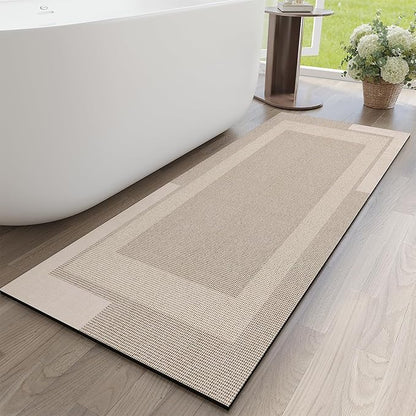 Non Slip Long Bathroom Runner Rug Bath Mat, Rubber Backing Ultra Thin Bathroom Rugs Fit Under Door Quick Dry Super Absorbent Washable Shower Mat for Bathtub Sink Floor, Beige 17"x59"