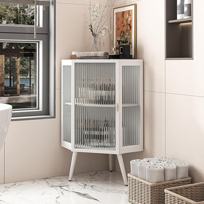 Corner Storage Cabinet with Glass Door, 31" & 43" Freestanding Triangle Floor Cabinet Modern Display Organizer Medicine Cabinets for Bathroom Living Room Bedroom (White, 31')