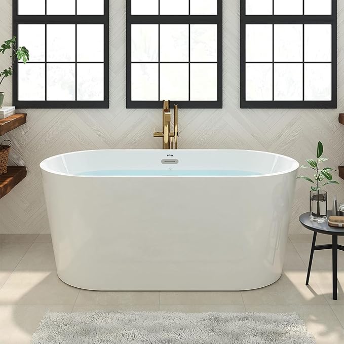 FerdY Shangri-La 55" Acrylic Freestanding Bathtub, Classic Oval Shape Soaking Bathtub with Toe-Tap Chrome Drain and Classic Slotted Overflow Included, Modern White, cUPC Certified