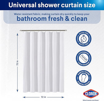 Clorox 2-in-1 Bathroom Shower Curtain Liner w Metal Hooks, Durable Fabric, Weighted Magnets for Bath Water Control, Washable Premium Quality, Modern - 72" x 72" White