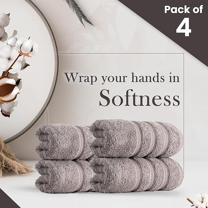 HALLEY Turkish 4 Pack Premium Hand Towels (4 Pieces) 650 GSM Highly Absorbent Super Soft 100% Cotton - 4 Hand Towels (Gray)