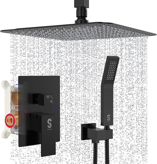 SR SUN RISE 10 Inch Ceiling Mounted Shower System Rain Mixer Shower Combo Set Rainfall Shower Head System Matte Black Shower Faucet Rough-in Valve Body and Trim Included