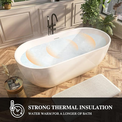 59" Acrylic Freestanding Bathtub, Free Standing Tub, Stand Alone Tub with Overflow and Drain, cUPC Certified, Gloss White