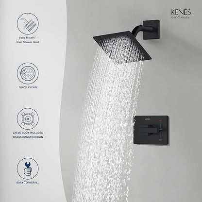 KENES Matte Black Shower Faucet with 6-Inch Shower Head and Handle Set, Square Shower Faucet Set Bathroom Rainfall Shower System Wall Mount, KE-6025B-2 (Shower Valve Included)