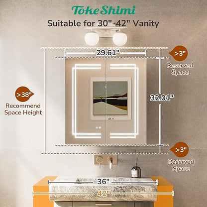 TokeShimi 30x32 Bathroom Mirror Medicine Cabinet with Light 3 Colors, Anti-Fog Tempered LED Mirror with Storage, Stepless Dimming CRI 80+, Memory Funtion, Wall Mirrored Cabinet for Bathroom Décor