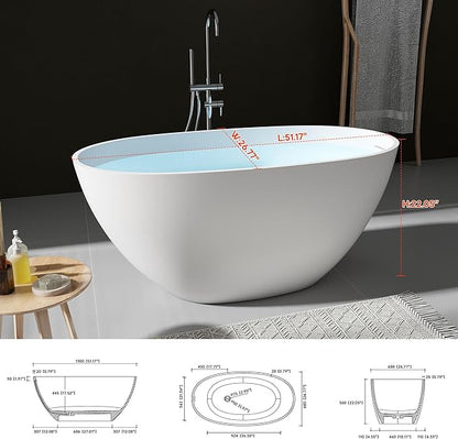 SJ STAR&JANE 51" Solid Surface Freestanding Bathtub, Stone Resin Oval Soaking Tub, Matte White，with Pop-up Drain & Overflow
