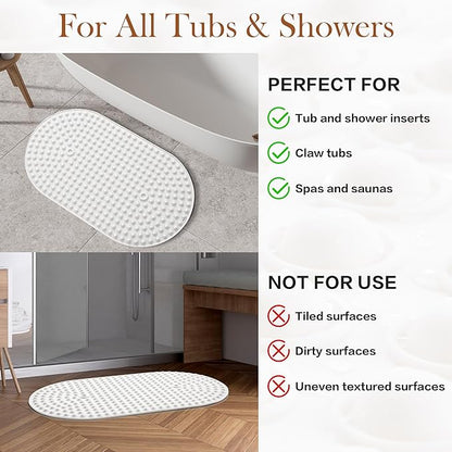Silicone Bath Mat for Tub Non Slip, Bubble Massage Anti Slip Shower Mat with 27 x 15 Inches for Easy Storage, Washable Bathtub Floor Mats for All Ages, White, Oval