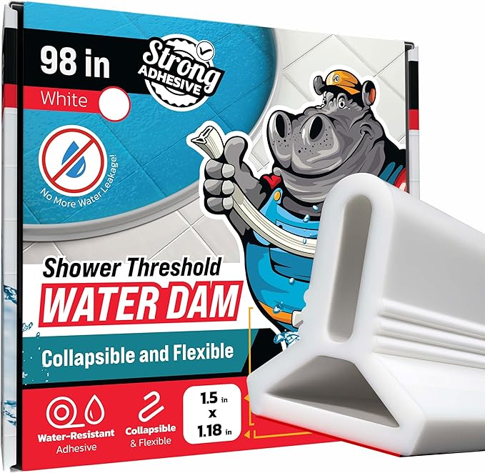 Shower Threshold Water Dam Barrier 98" - White Collapsible Shower Water Blocker - Shower Guard for Walk in Shower - Water Guard Stopper for Floor - Shower Dam - 1.5" Tall - By Hippo Dam