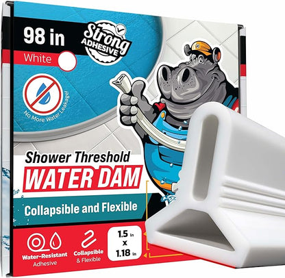 Shower Threshold Water Dam Barrier 98" - White Collapsible Shower Water Blocker - Shower Guard for Walk in Shower - Water Guard Stopper for Floor - Shower Dam - 1.5" Tall - By Hippo Dam