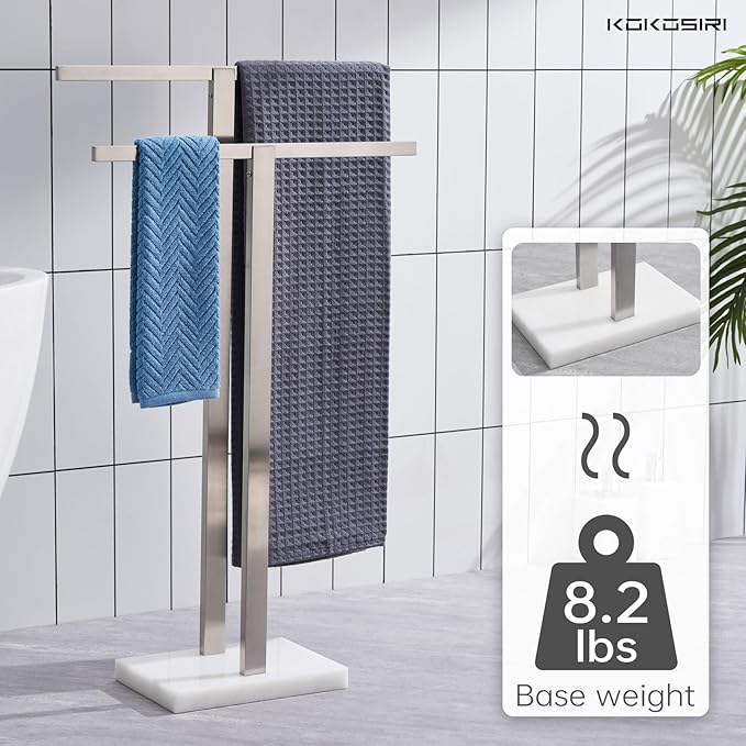 KOKOSIRI Bathroom Towel Racks 2-Tier Standing Towel Bars with Marble Base, Stainless Steel Freestanding Towels Holder, Thicken Steady Design, Brushed Nickel THS0003-BR