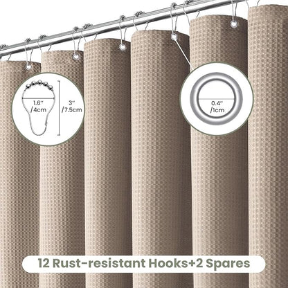 Inhousolu Fabric Shower Curtain Waffle Weave, 230 GSM Heavy Duty, Weighted Hem, 14 Metal Hooks, Water Repellent, Machine Washable, Hotel Spa Luxury Bath Curtain Set, 72 x 78 Inch, Beige