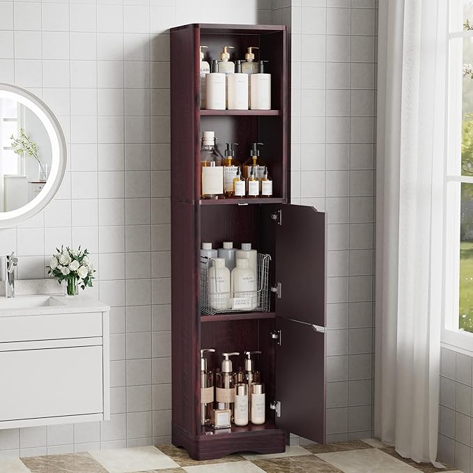 67" Tall Bathroom Organizer and Storage, Narrow Storage Cabinet with 2 Doors and 4 Shelves, Freestanding Floor Storage Unit,15.7" W x 11.8" D x 66.9" H, Walnut