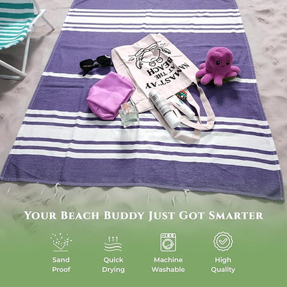 Turkish Cotton Beach Towel Pack of 4 & 1 Boho Tote Bag - Hammam Towels - No Shrink - Quick Dry - Lightweight - Sand Free - Camping - Pool - Tanning - Beach Essentials - Purple (40"x70")