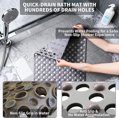 Bath Tub Shower Mat with Soft Shower Foot Scrubber Mat for Massage,Non Slip Bathtub Mat with Strong Suction Cups, Silicone Shower Foot Scrubber Mat (Gray, 27.5" X 15.7"(Rectangular))