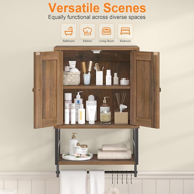 Farmhouse Medicine Cabinet - 3-Tier Wall Mounted Storage Organizer with Adjustable Shelves, Towel Bar, 5 Hooksfor Small Bathroom, Laundry Room, Over Toilet, Living Room, Bedroom (Walnut)