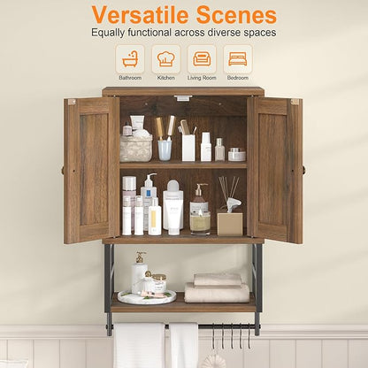 Farmhouse Medicine Cabinet - 3-Tier Wall Mounted Storage Organizer with Adjustable Shelves, Towel Bar, 5 Hooksfor Small Bathroom, Laundry Room, Over Toilet, Living Room, Bedroom (Walnut)
