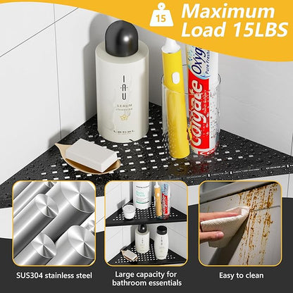 Neodrain 10 Inch Corner Matte Black Wall Shelf Set of 2, Floating Corner Shelves for Wall, 304 Stainless Steel Storage Shelves for Bathroom,No Drilling