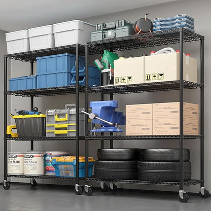 4 Tier Storage Racks Shelving, Heavy Steel Pantry Shelves, Adjustable Wire Shelving Rack with Wheels, Suitable for Garage, Kitchens, Bathroom, Offices, 55" W x 23.6" D x 75.6" H, Black