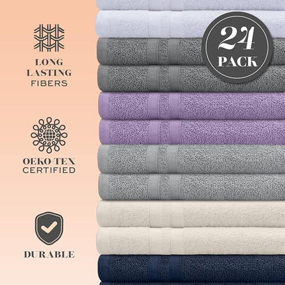White Classic Wealuxe Multi Washcloths 24 Pack - 600 GSM 100% Ring-Spun Cotton Wash Cloths for Showering, Highly Absorbent and Soft | 12x12 Inches