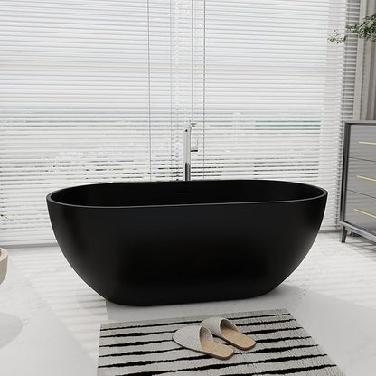 SJ STAR&JANE 59" Solid Surface Freestanding Bathtub Oval Stone Resin Soaking Tub Modern Stand Alone Tub with Overflow & Pop-up Drain, Matte Black for Bathrooms