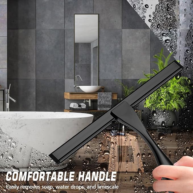 Stainless Steel Shower Squeegee for Glass, Includes 3 Adhesive Hooks, Shower Door Squeegee for Bathroom, Household Window, Car Windshield, Mirrors, Tiles Scrubber Clear, 12 inch Black