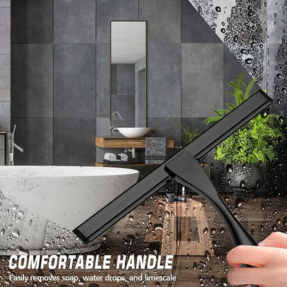 Stainless Steel Shower Squeegee for Glass, Includes 3 Adhesive Hooks, Shower Door Squeegee for Bathroom, Household Window, Car Windshield, Mirrors, Tiles Scrubber Clear, 12 inch Black