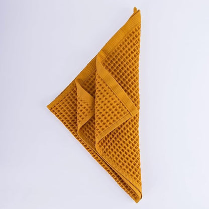 PÜSKÜL Organic Waffle Kitchen Towel 100% Turkish Cotton Set of 3 Mustard Yellow - Premium Quality, Soft, Quick-Dry, Absorbent, Lint-Free Hand Towels 32X16 Inches (3, Mustrad Yellow)