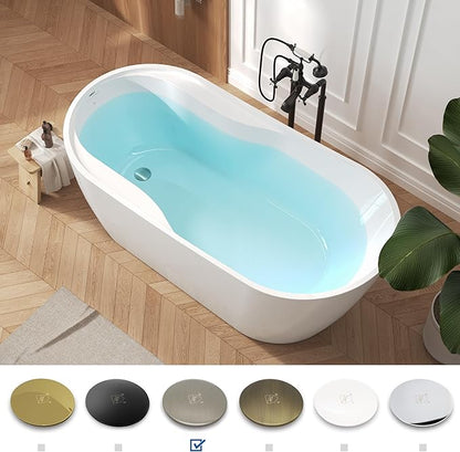 FerdY Lana'i 67" Freestanding Bathtub, Gracefully Shaped Freestanding Soaking tub, Glossy White, cUPC Certified, Brushed Nickel Drain Assembly Included