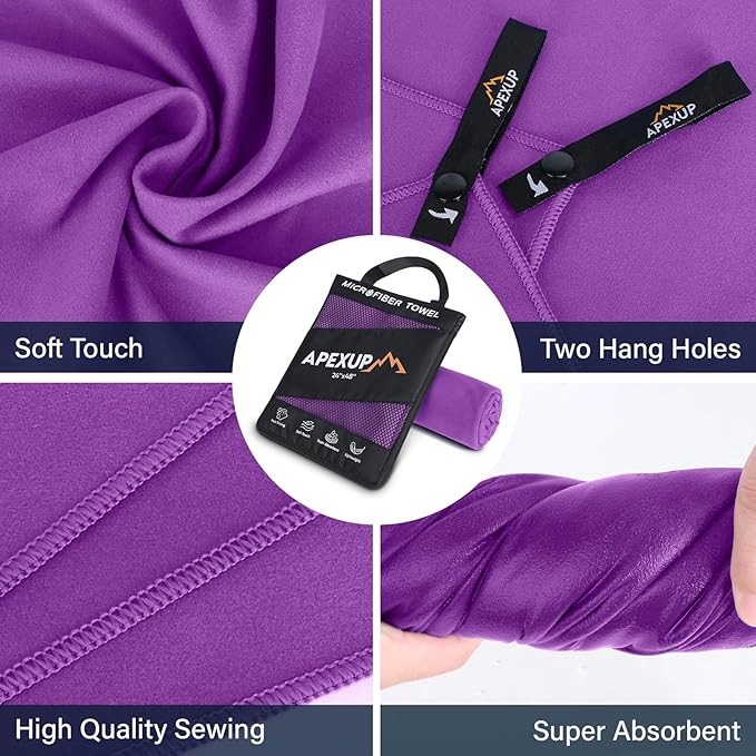 APEXUP Microfiber Travel Towel, Ultra Absorbent Quick Dry Towels, Lightweight Gym Sports Camping Towel for Workout, Yoga, Beach, Shower, Swimming (48"×24", Purple)
