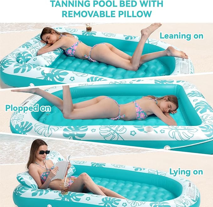 Inflatable Tanning Pool Lounger Float with Cervical Pillow - Pool Floats Adult for Sunbathing, Backyard, Pool Party - Inflate Ball Pit for Babies - Kids Swimming Pool Bed