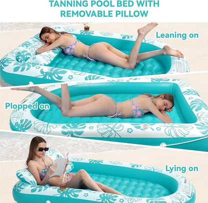 Inflatable Tanning Pool Lounger Float with Cervical Pillow - Pool Floats Adult for Sunbathing, Backyard, Pool Party - Inflate Ball Pit for Babies - Kids Swimming Pool Bed