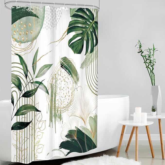 Sage Green Boho Shower Curtain 48Wx72H Small Stall Narrow Modern Abstract Mid Century Bohemian Tropical Palm Leaves Geometric Bathroom Decor Botanical Bath Curtain Fabric Polyester 8 Pack Hooks