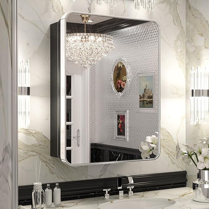 Keonjinn 20 x 26 Inch Chrome Recessed Medicine Cabinets, Mirrored Bathroom Medicine Cabinet, Elegant Silver Stainless Steel Framed, Adjustable Shelves, in Wall or Surface Mount, Soft Closing, Modern