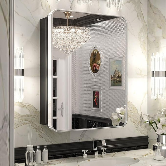 Keonjinn 20 x 26 Inch Chrome Recessed Medicine Cabinets, Mirrored Bathroom Medicine Cabinet, Elegant Silver Stainless Steel Framed, Adjustable Shelves, in Wall or Surface Mount, Soft Closing, Modern