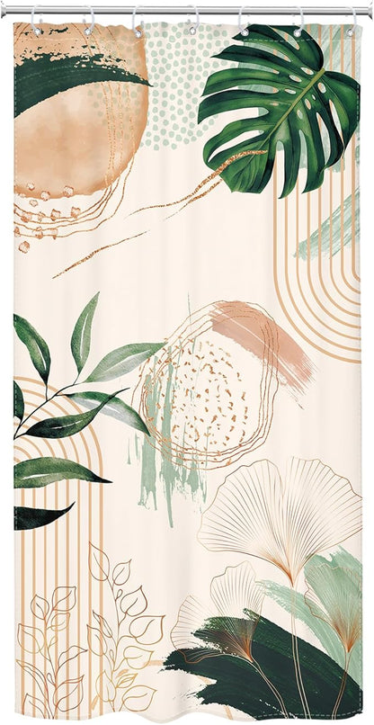 Small Stall Boho Shower Curtain 36Wx72H RV Tropical Green Leaf Modern Bohemian Green Abstract Narrow Half Bathroom Decor Palm Mid Century Minimalist Bath Curtain Fabric Polyester 7 Pack Hooks