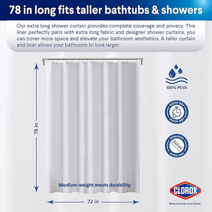 CLOROX Shower Curtain Liner, Premium Medium-Weight Durable Waterproof 6g PEVA for Bathroom with Weighted Magnets, Extra Long 72" x 78", Frosty 1 Pack