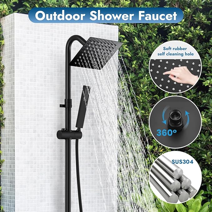 Wall Mounted Outdoor Shower System Matte Black 6" Square Rainfall Shower head with Hand Held Spray Double Cross Handles with Adjustable Slide Bar Two Function Exposed Shower Kit