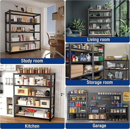 WORKPRO House 5-Tier Shelving Unit, Adjustable Heavy Duty Storage Shelves, Wood Grain Pattern, Waterproof Board, 3000lbs Boltless Shelving for Kitchen, Living Room, Garage, 48"W x 24"D x 72"H, Black