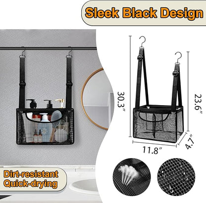 Black PVC Mesh Hanging Shower Caddy with 2 Magnetic Hooks, Adjustable Portable Bathroom Organizer with Pockets for Cruise, Dorm, Gym, Camping, RV, 12"x6"x7"(LxWxH)