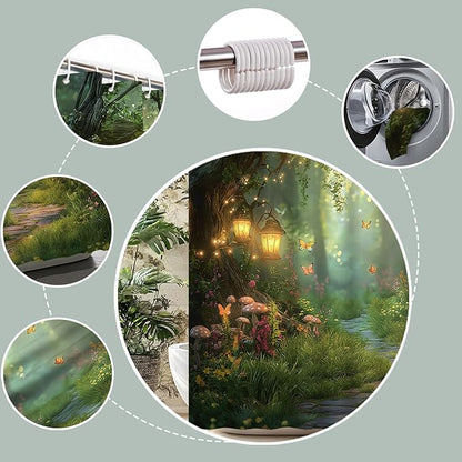 Fantasy Forest Path Shower Curtain Fairy Magical Enchanted Misty Jungle Mushroom Floral Tree Butterfly Lantern Wonderland Plant Bath Curtain Fabric Bathroom Accessories Decor with Hooks 55W x70L