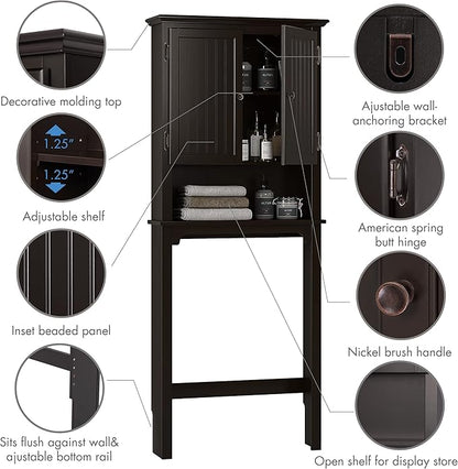 UTEX Bathroom Storage Over The Toilet, Above Toilet Storage Cabinet Organizer with Adjustable Shelves and Double Doors, Espresso