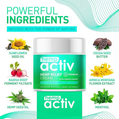 Cooling Hemp Cream – Menthol, MSM & Arnica – Fast-Absorbing, Non-Greasy Formula for Muscles & Joints – 4oz Best-Value Size