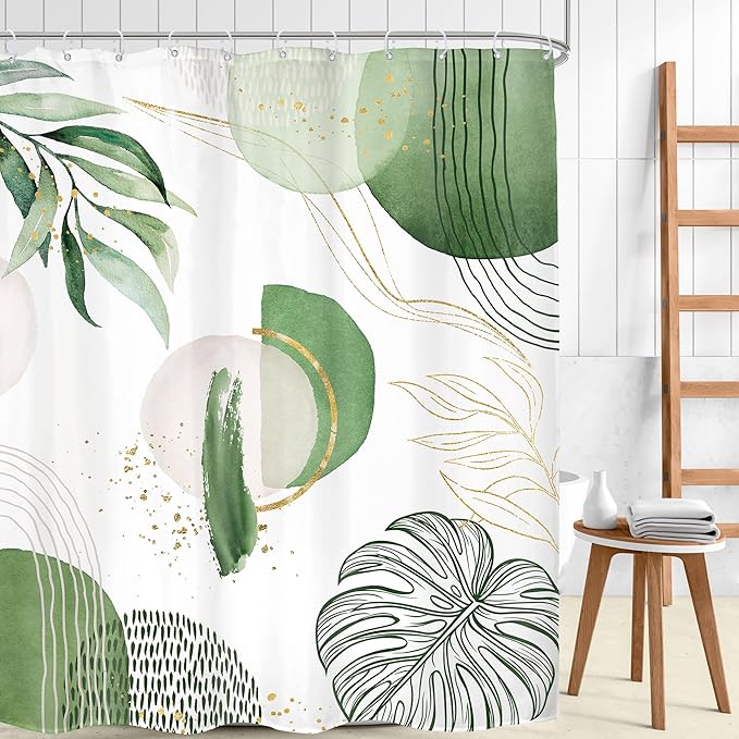 Extra Long Green Boho Shower Curtain 72Wx84H Mid Century Modern Abstract Palm Leaves Plant Tropical Gold Olive Geometric Bathroom Decor Minimalist Bath Curtain Fabric Polyester 12 Pack Hooks