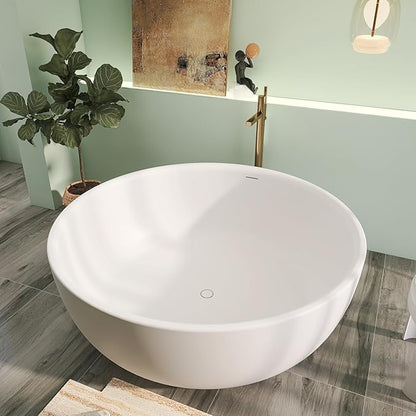 59" x 59" Premium Solid Surface Freestanding Bath Tub, Upgraded Round Soaking Deep Stone Resin Tubs with Overflow and Pop-up Drain, Matte White