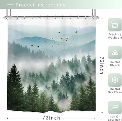 Riyidecor Green Mountain Shower Curtain 72Wx72H Inch Nature Scenery Foggy Pine Tree Scenic Woodland Greenery Landscape Mens Bathroom Decor Fabric Polyester Waterproof 12 Pack Hooks